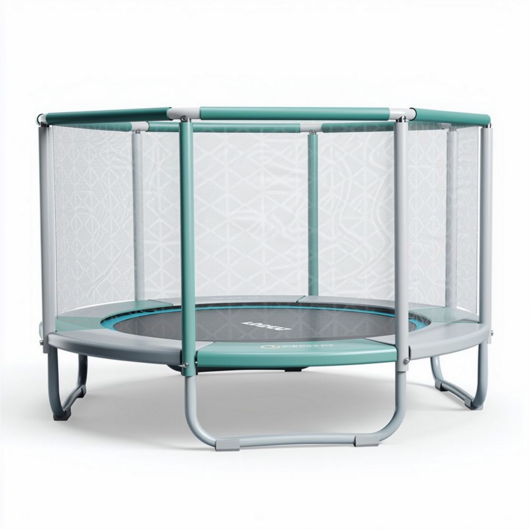 Trampolina ogrodowa z siatką ochronną 150 x 150 x 60cm szara z zielonymi akcentami