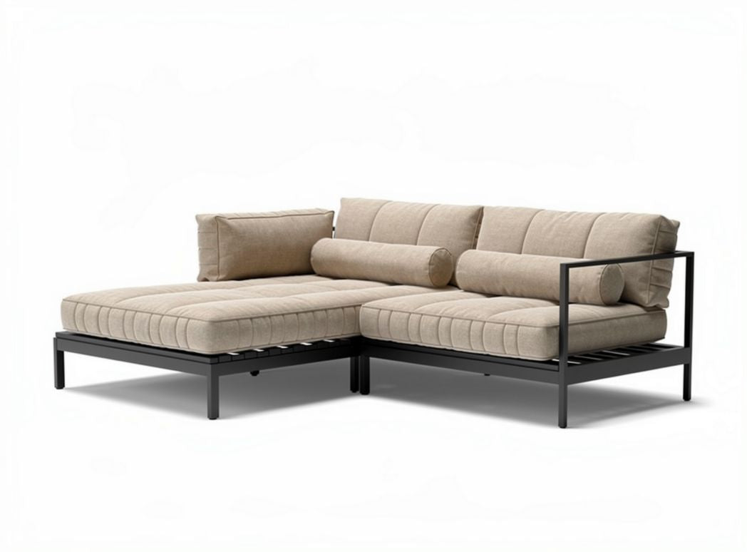 Narożnik z tkaniny w kolorze beżowym z metalowym stelażem 200 x 150 x 80cm