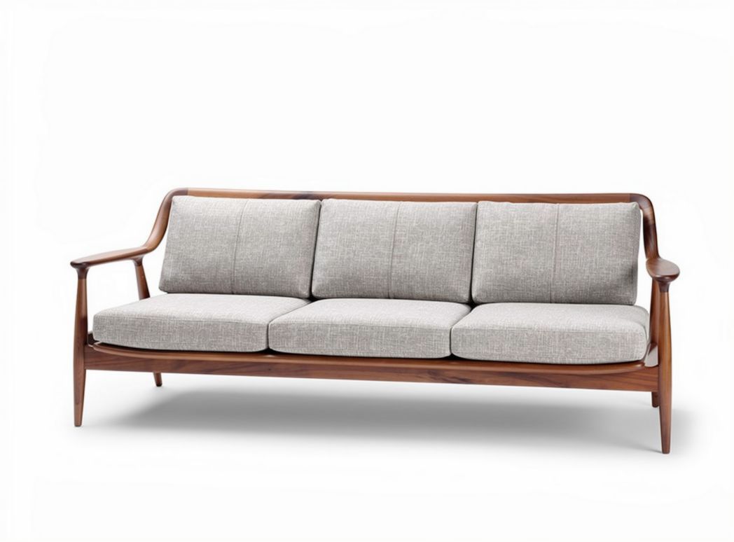 Sofa trzyosobowa z drewnianą ramą oraz szarym materiałem 180 x 80 x 75cm